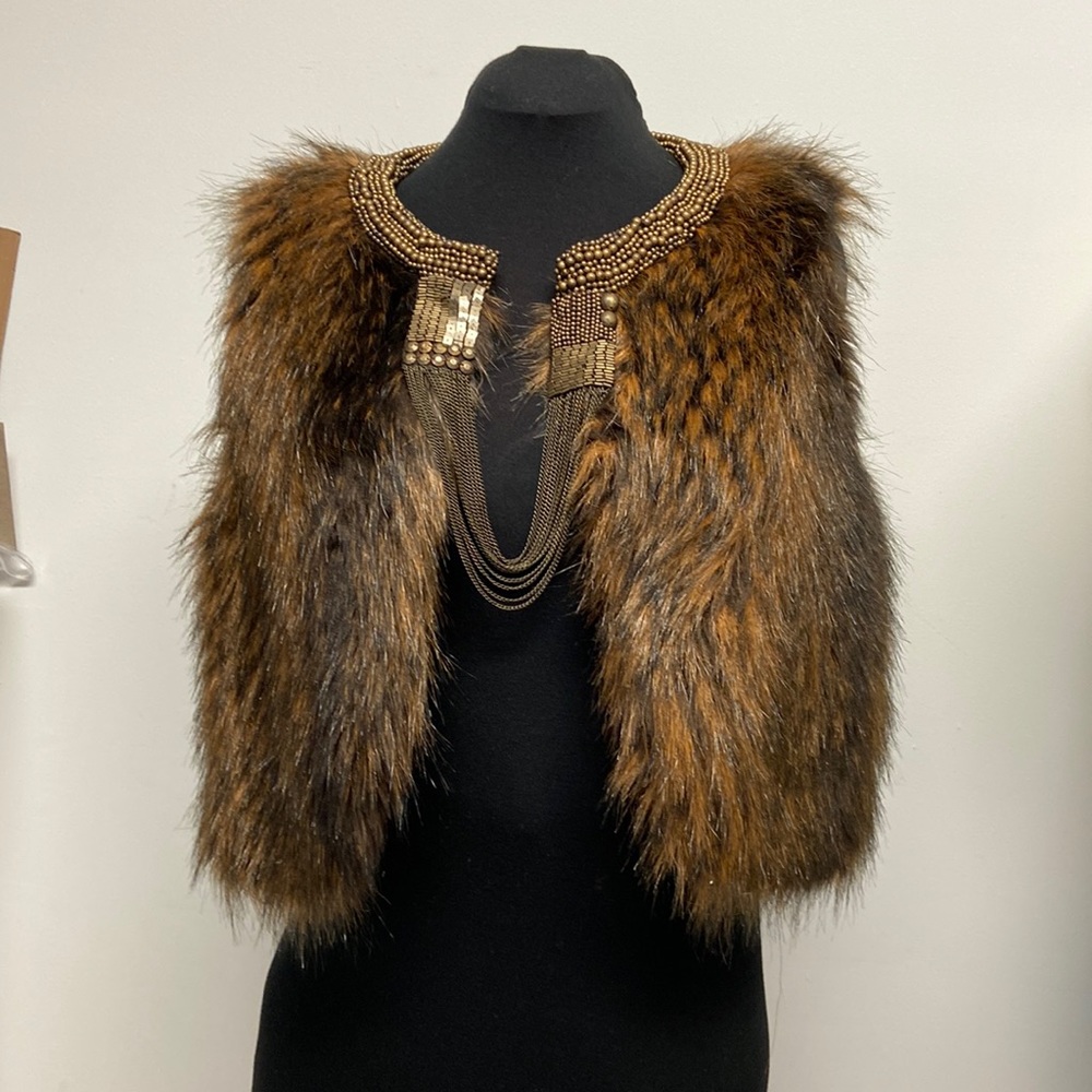 Vintage Boston Proper Beaded Faux Fur Vest Size M